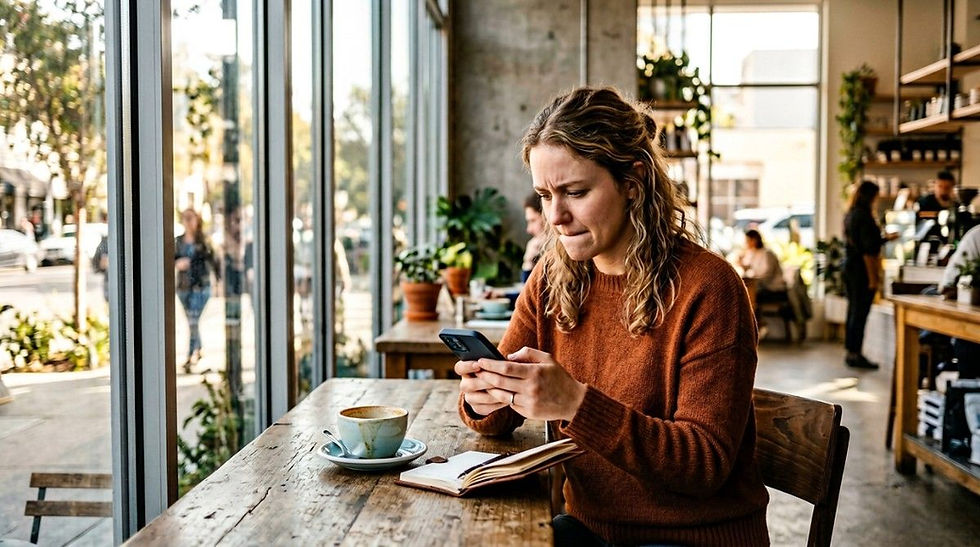 Woman sitting alone in a coffee shop looking concerned while checking her phone, natural light and urban background.