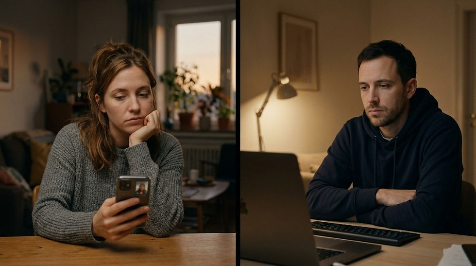 Split image of a woman looking tired at her phone and a man sitting at a laptop, both appearing emotionally disconnected