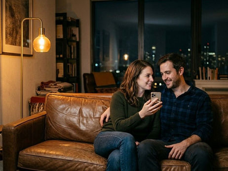 Couple sitting close together on a couch at home smiling while looking at a phone together