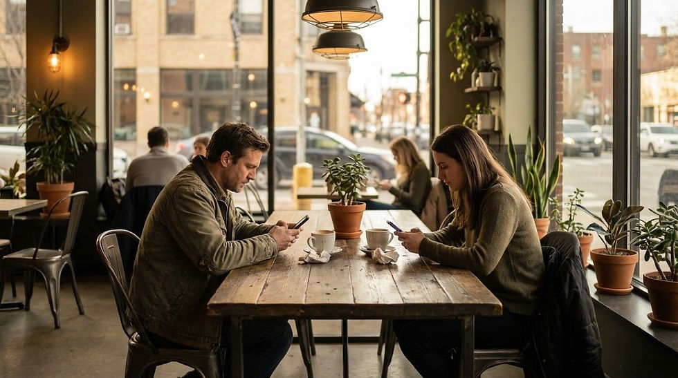 Man and woman sitting across from each other at a café table, both looking at their phones instead of interacting