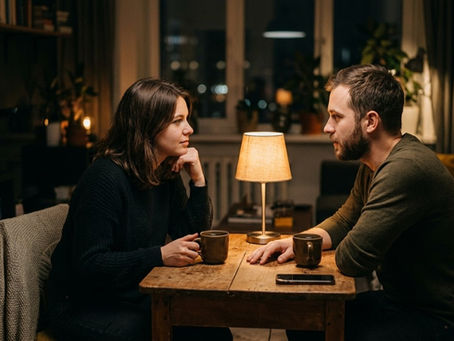 Couple having a serious face-to-face conversation at home focusing on meaningful questions instead of small talk