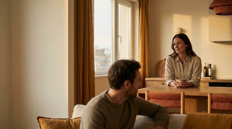 Man and woman sitting across from each other in a warm home setting having a calm and meaningful conversation