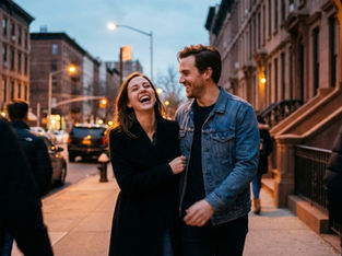 Happy couple walking and laughing together on city street during evening