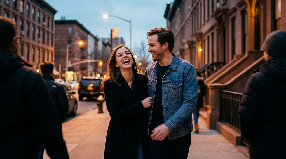 Happy couple walking and laughing together on city street during evening