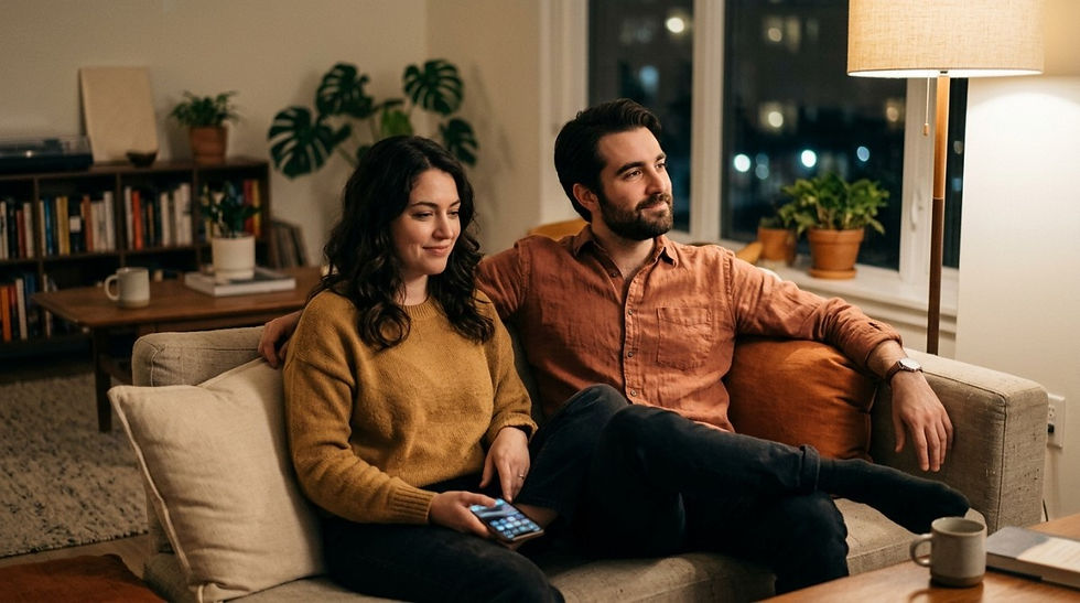 Couple sitting quietly together on couch in evening reflecting comfort but lack of deeper emotional engagement