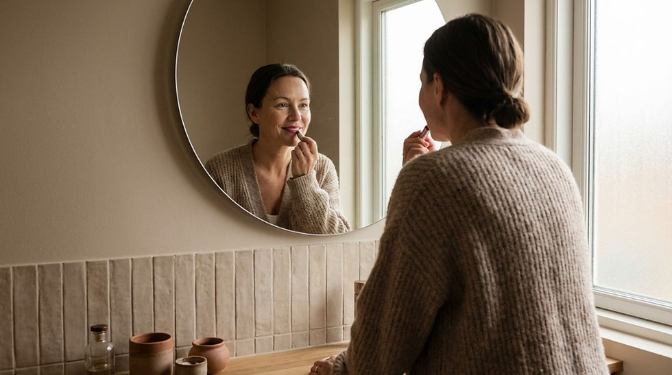 Woman applying lipstick in mirror during morning self-care routine