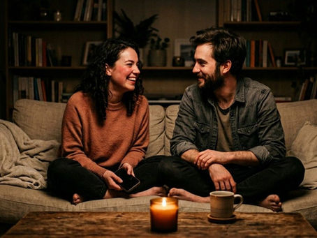 Couple sitting casually on couch smiling and chatting comfortably without deep or meaningful questions