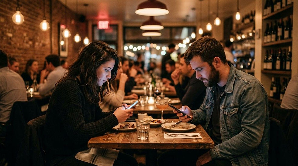 Couple sitting at a restaurant table together but both looking at their phones instead of interacting
