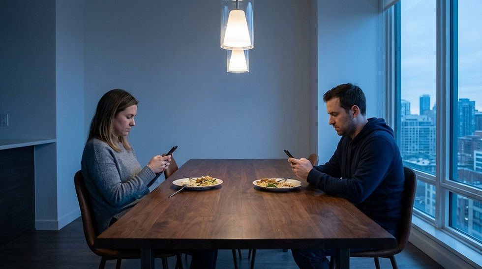 Couple sitting across a dining table looking at their phones instead of talking, showing lack of communication and digital disconnection.