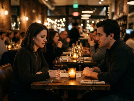 Couple sitting at a restaurant table with minimal eye contact, appearing awkward and disconnected during a date