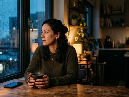 Woman sitting alone by a window on a rainy evening holding a mug, looking thoughtful and distant