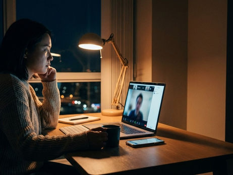 Woman working on laptop at night during video call in dimly lit room