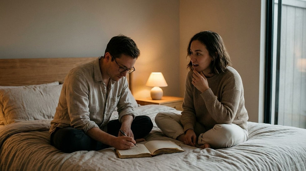 Couple sitting on a bed, one writing in a journal while discussing thoughts, representing communication and emotional clarity.