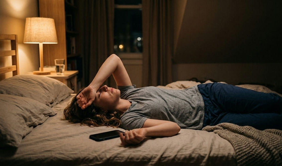Woman lying on bed at night looking emotionally drained with phone beside her after texting