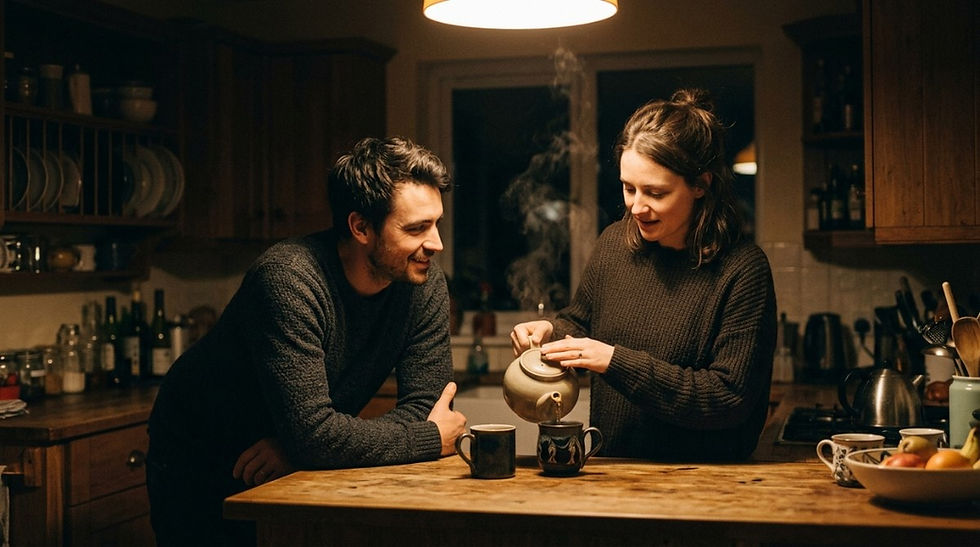 Couple talking in kitchen at night while making tea showing everyday intimacy and connection