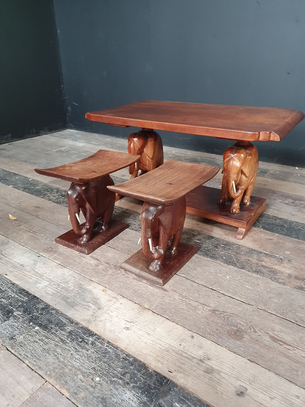 Thumbnail: Rare Set of Elephant Coffee Table and Stools SOLD