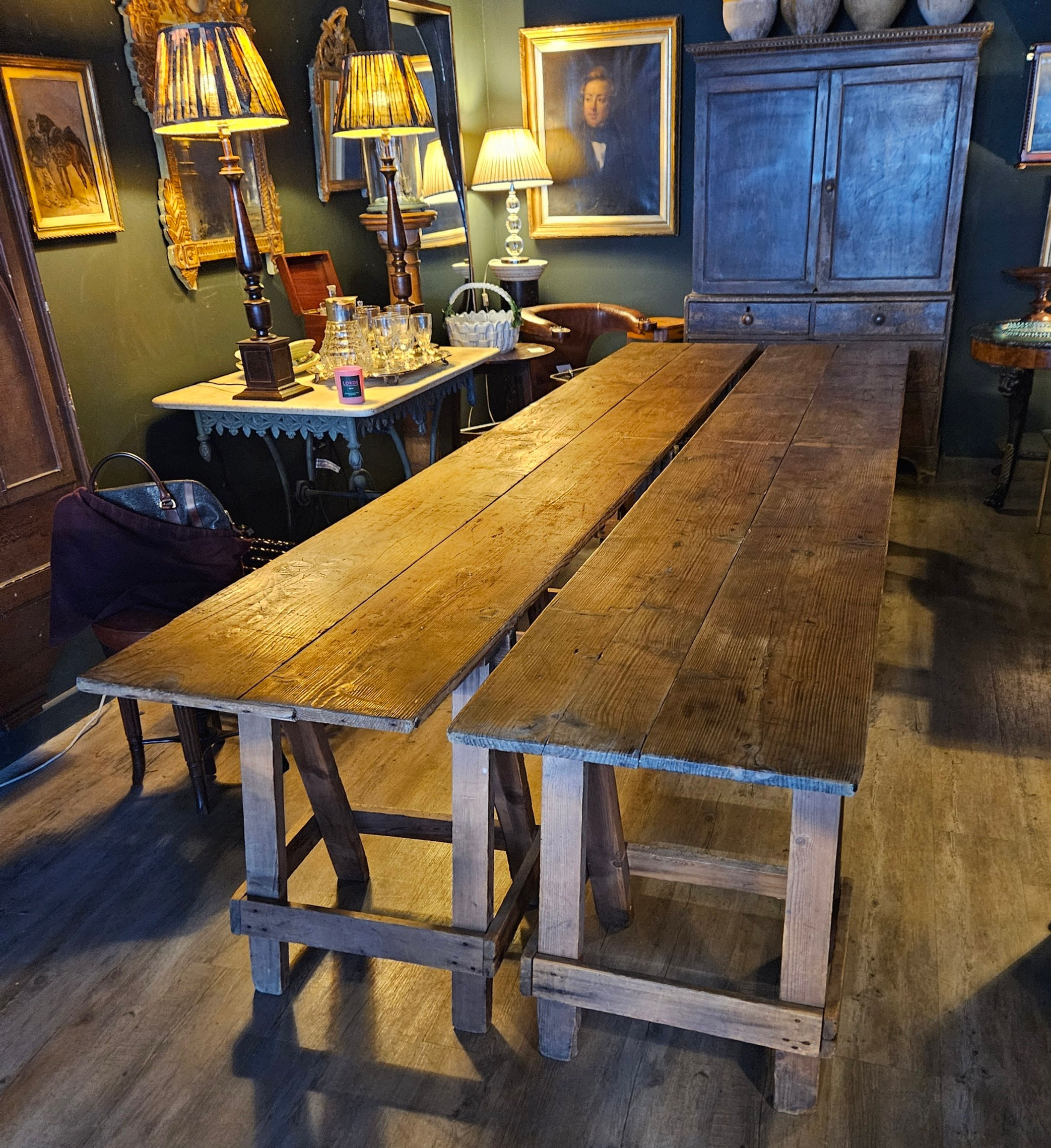 Enormous Twin Plank 19th Century Pine Trestle Table SOLD