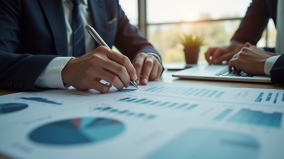 Eye-level view of a business consultant explaining financial charts to a client