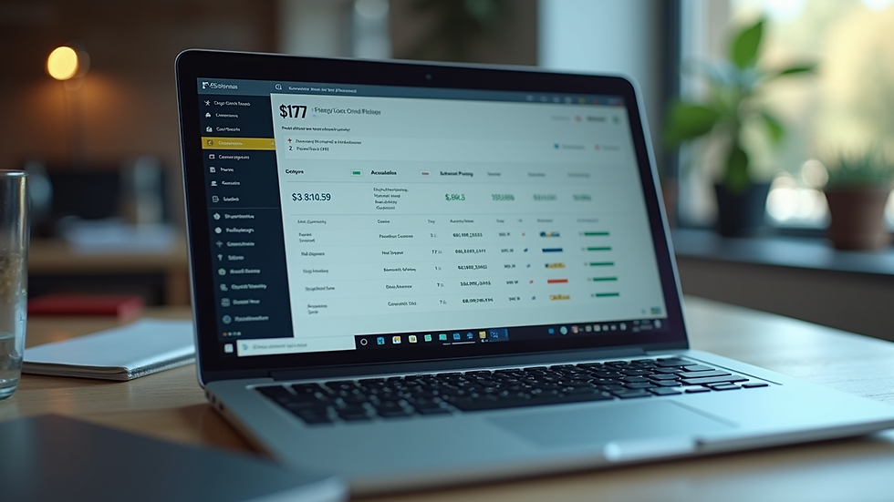 Eye-level view of a laptop screen showing accounting software with balanced entries