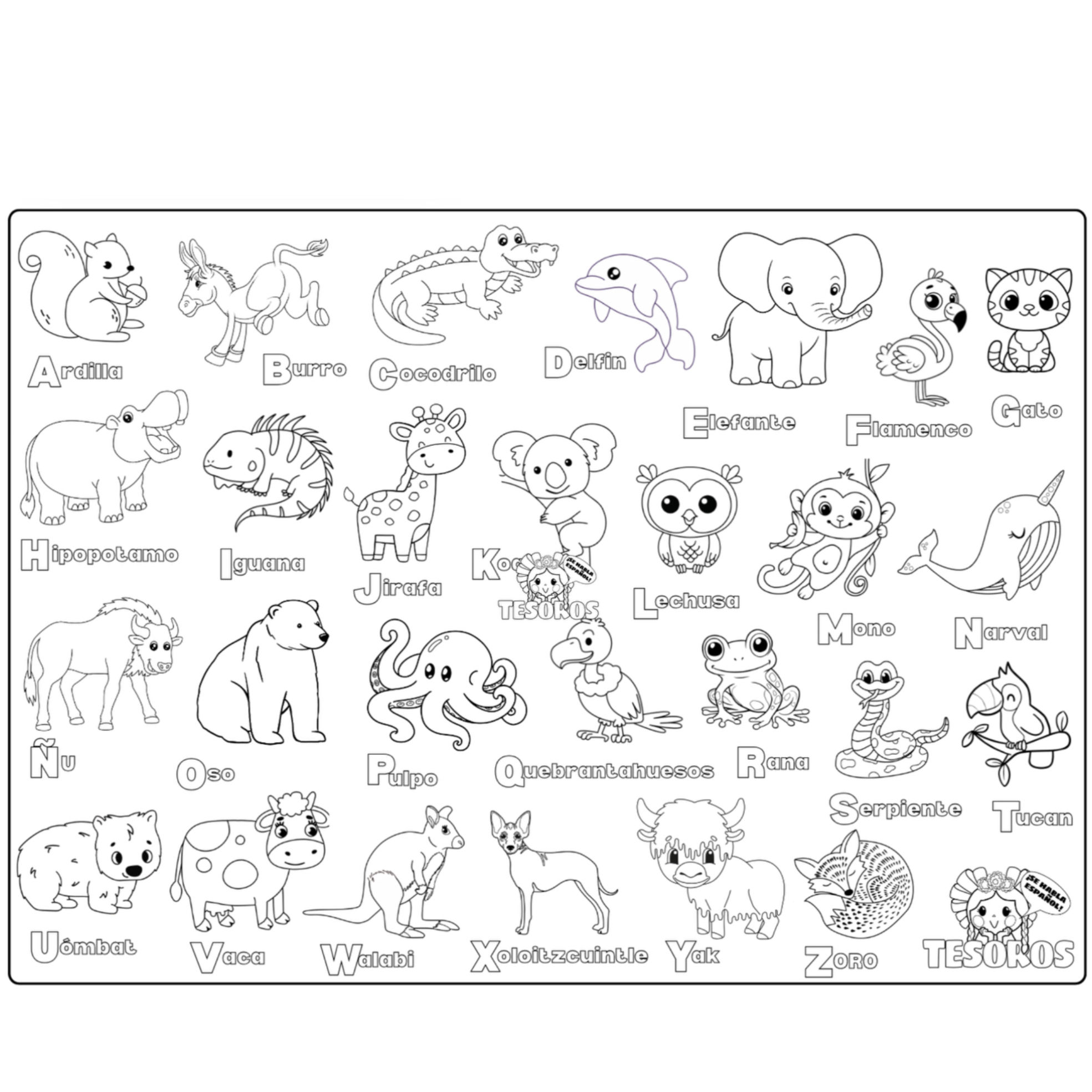 ABC's Animales Small Coloring Poster