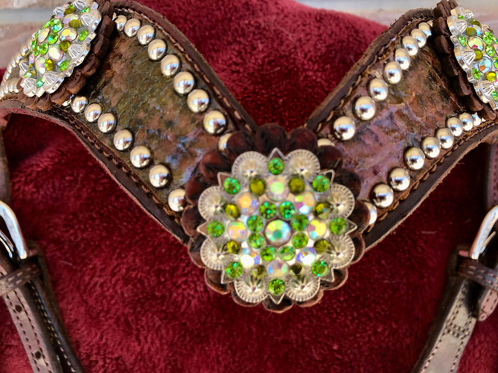 Thumbnail: Head stall Breast collar set.  Oxblood leather green crystal accent