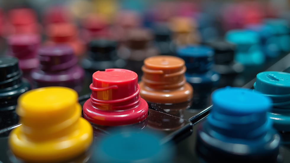 Eye-level view of vibrant tattoo inks in containers