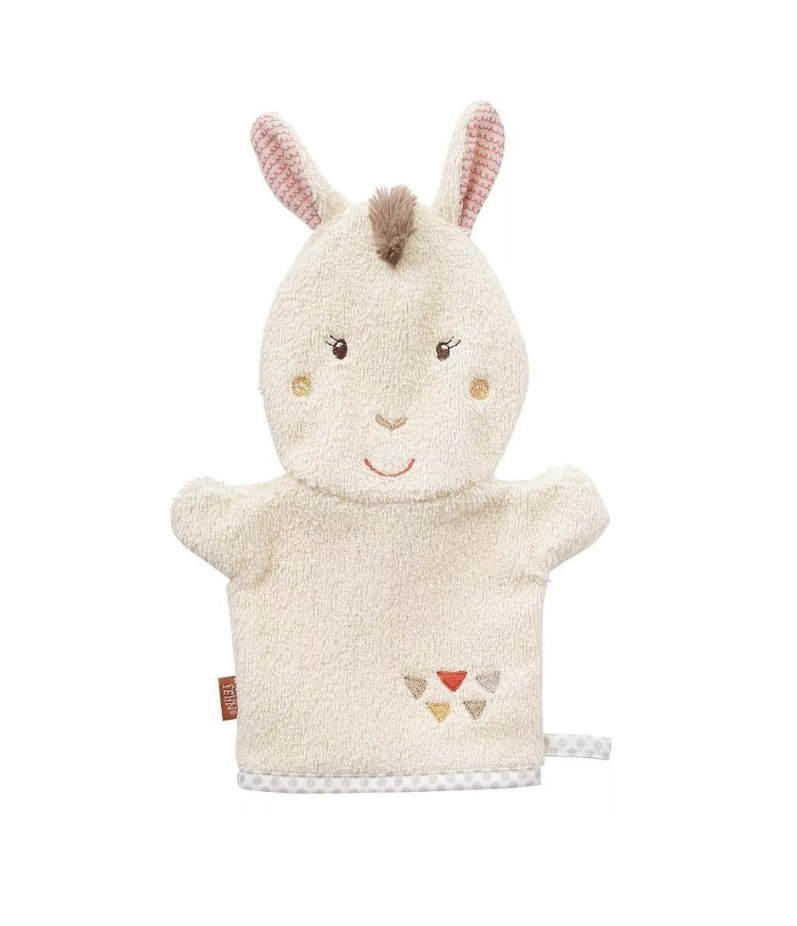 Gant de toilette bébé en forme de lama crème, en tissu doux et absorbant, idéal pour le bain et l'éveil, vue de face