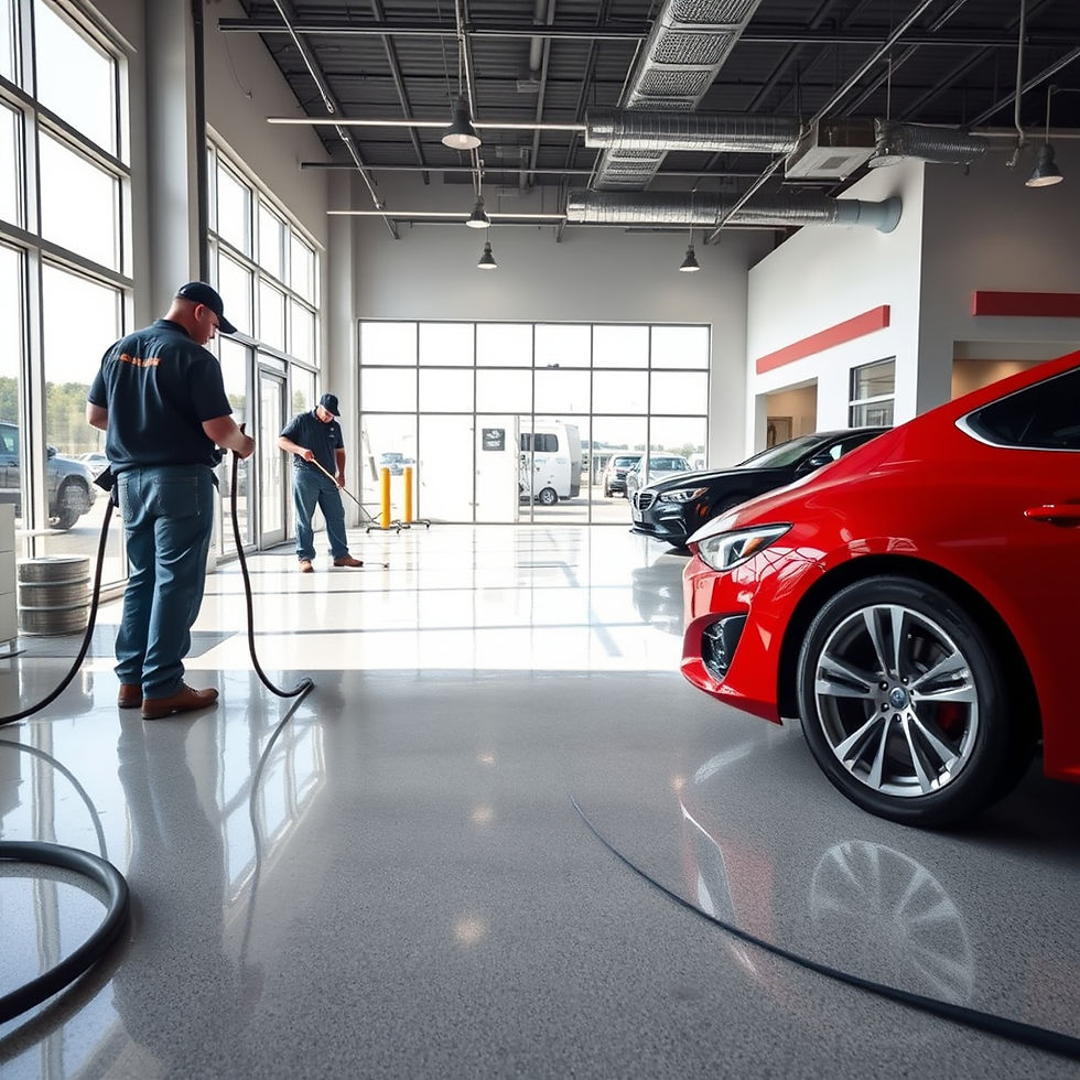 create an image of multiple epoxy contractors working on coating an epoxy floor inside a c