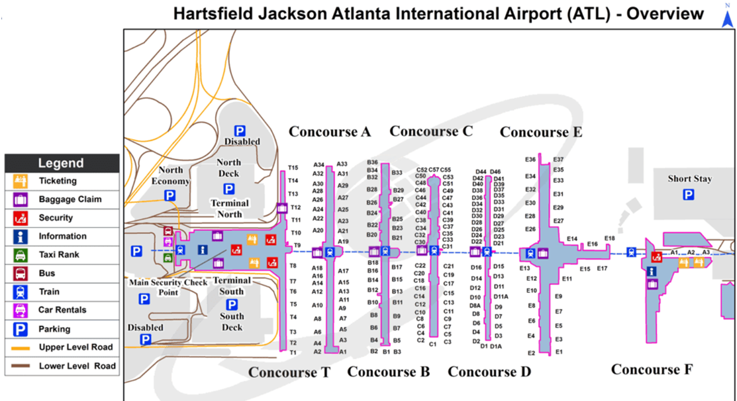 A guide map for navigating around Hartsfield-Jackson Atlanta International Airport