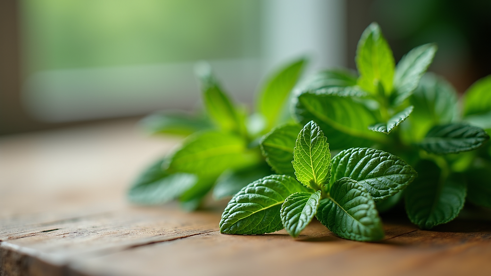 Close-up view of fresh peppermint leaves on a wooden table