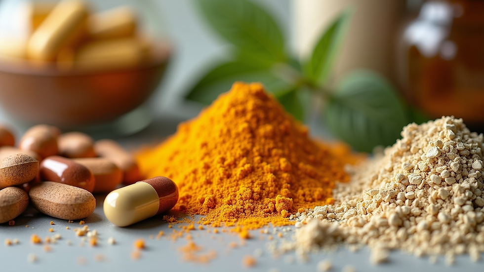 Close-up view of a variety of herbal supplements in capsules and powders