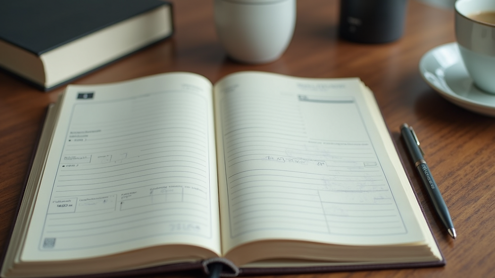 High angle view of a notebook and planner on a wooden desk