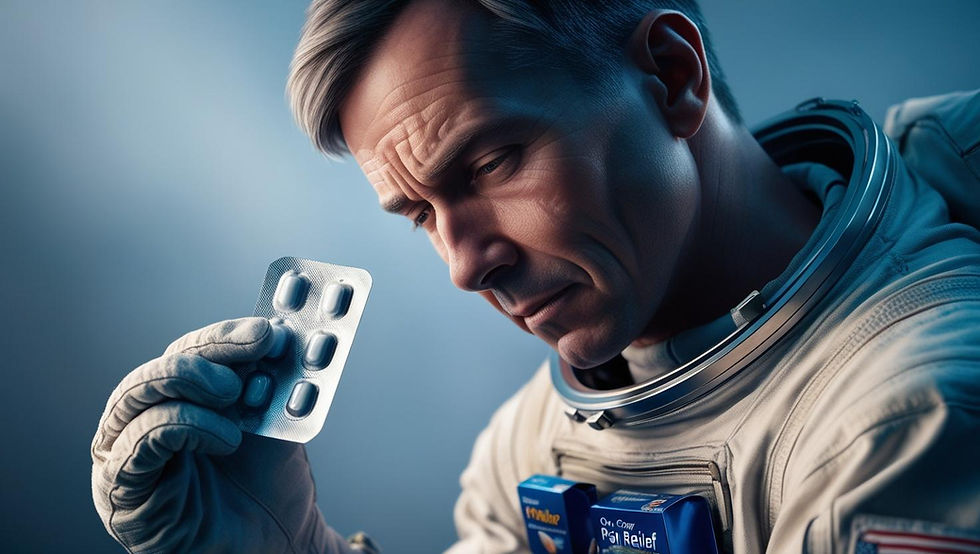 an astronaut with a mild headache, reaching for blister pack of medicine to relieve it.jpg