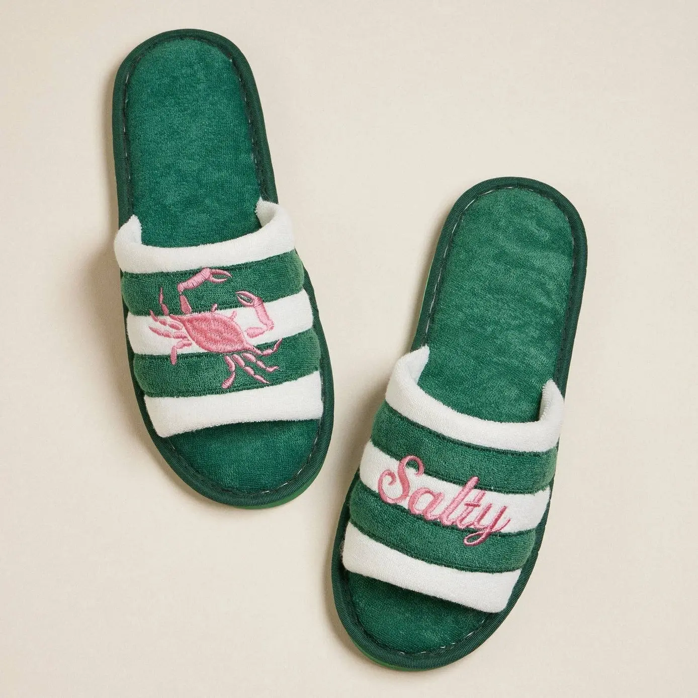 Salty Crab Embroidered Terry Poolside Slides | Green