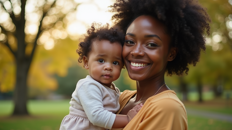 Eye-level view of a Black mother holding her baby in a park
