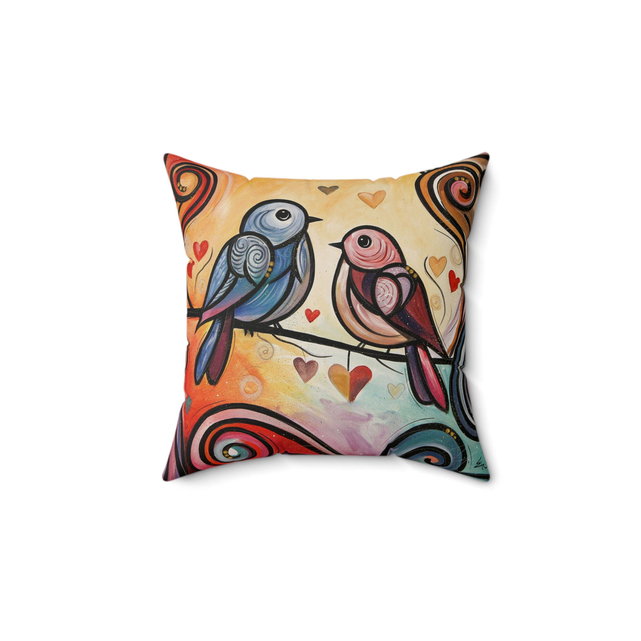 Faux Suede Square Pillow. Love Birds by Eric Waugh