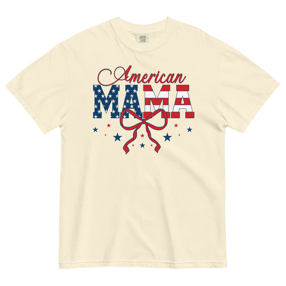 “American Mama graphic t-shirt in solid black, featuring a retro 4th of July design with patriotic star-spangled MAMA block l