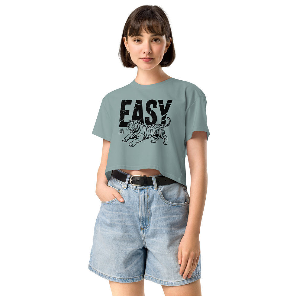 mineral women’s crop top with black “Easy Tiger” text and illustrated tiger graphic on the front