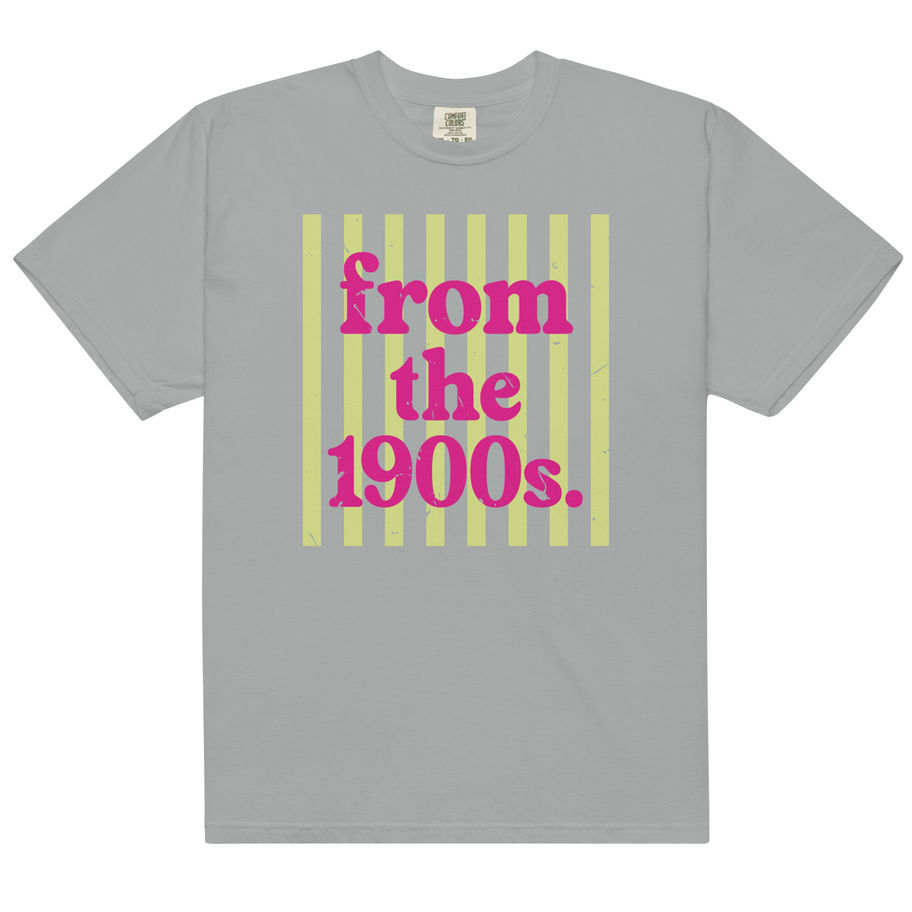 Gray t-shirt with bold retro graphic text “from the 1900s” in colorful vintage style design worn as casual aesthetic streetwe