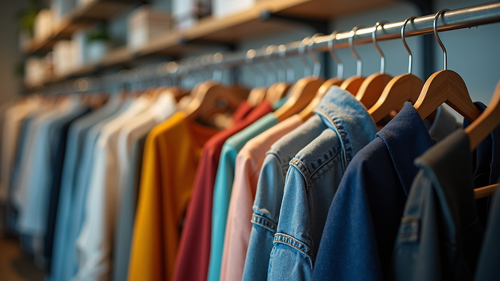 Eye-level view of a custom clothing rack filled with various designs