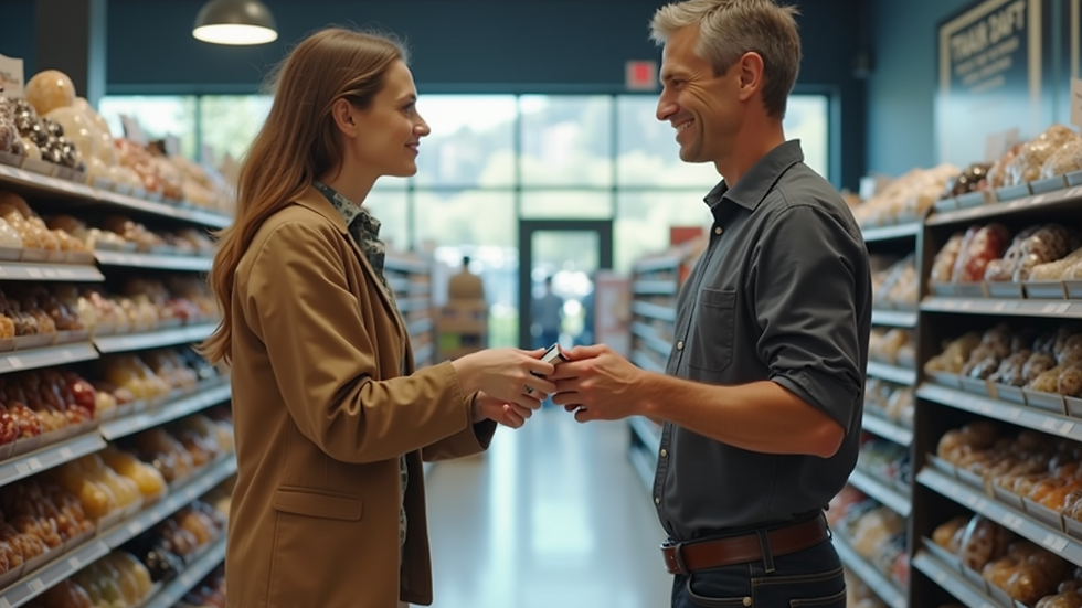 Eye-level view of a customer service representative assisting a shopper