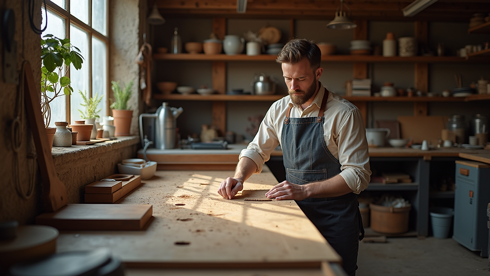 High angle view of a workshop with American-made handcrafted goods