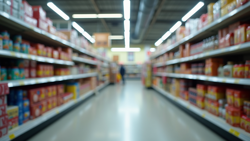 Eye-level view of an empty grocery aisle
