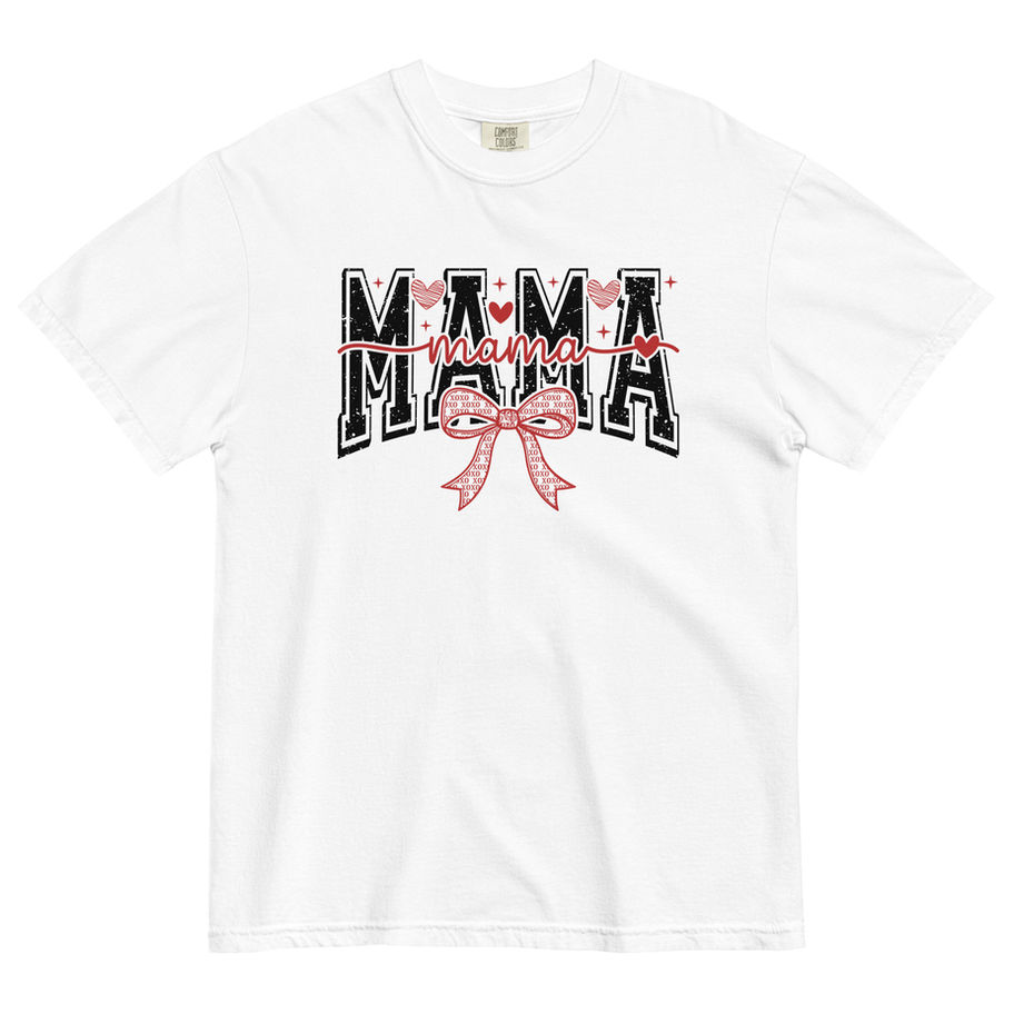 “Mama Bow graphic t-shirt in slate blue jean gray, featuring a distressed collegiate MAMA text design topped with a large leo