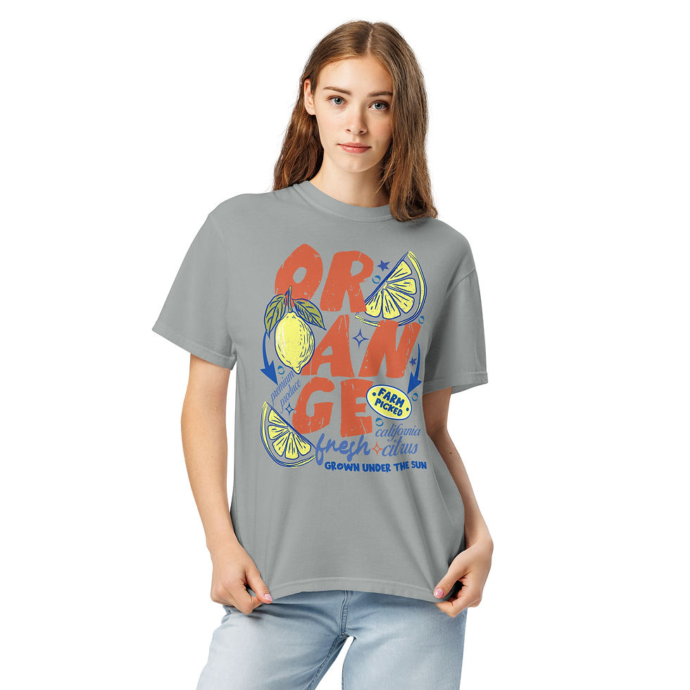 Orange Citrus California graphic t-shirt in vintage pepper charcoal gray, featuring a colorful retro vertical grid design wit