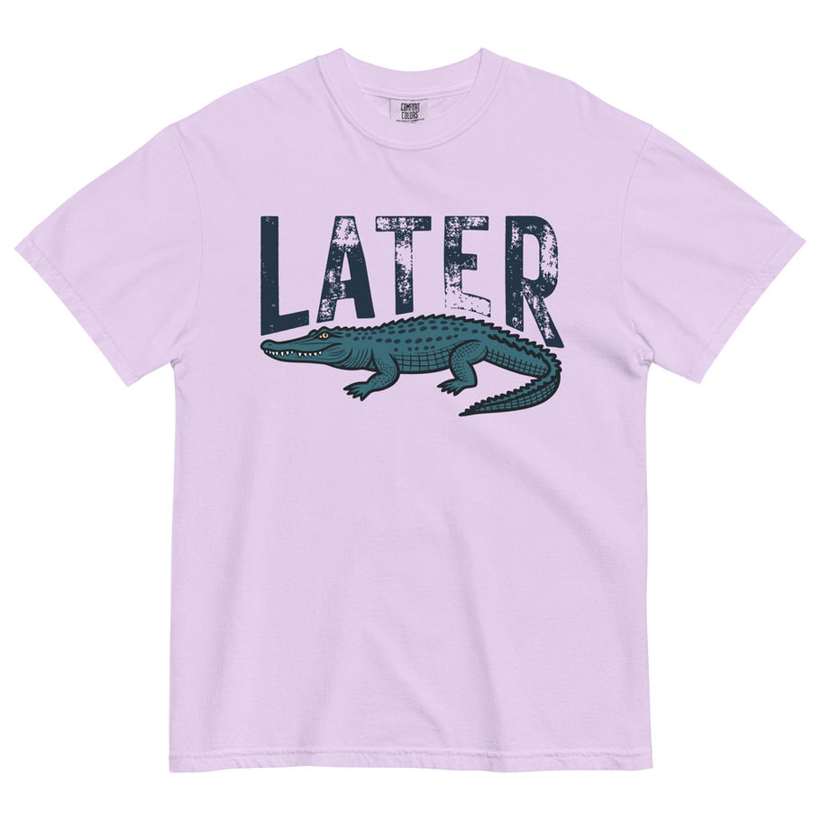 Minimalist Later Alligator graphic t-shirt featuring a distressed vintage alligator illustration and block typography on a pr