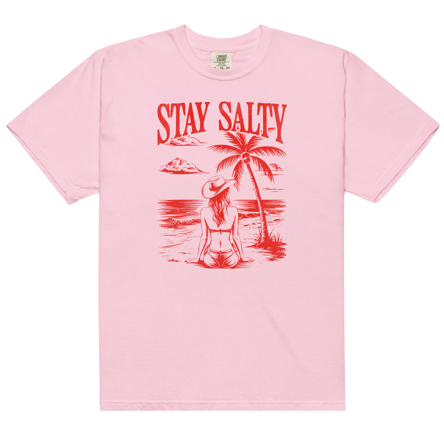 Stay salty graphic t-shirt with bold beach inspired text design and relaxed coastal summer aesthetic