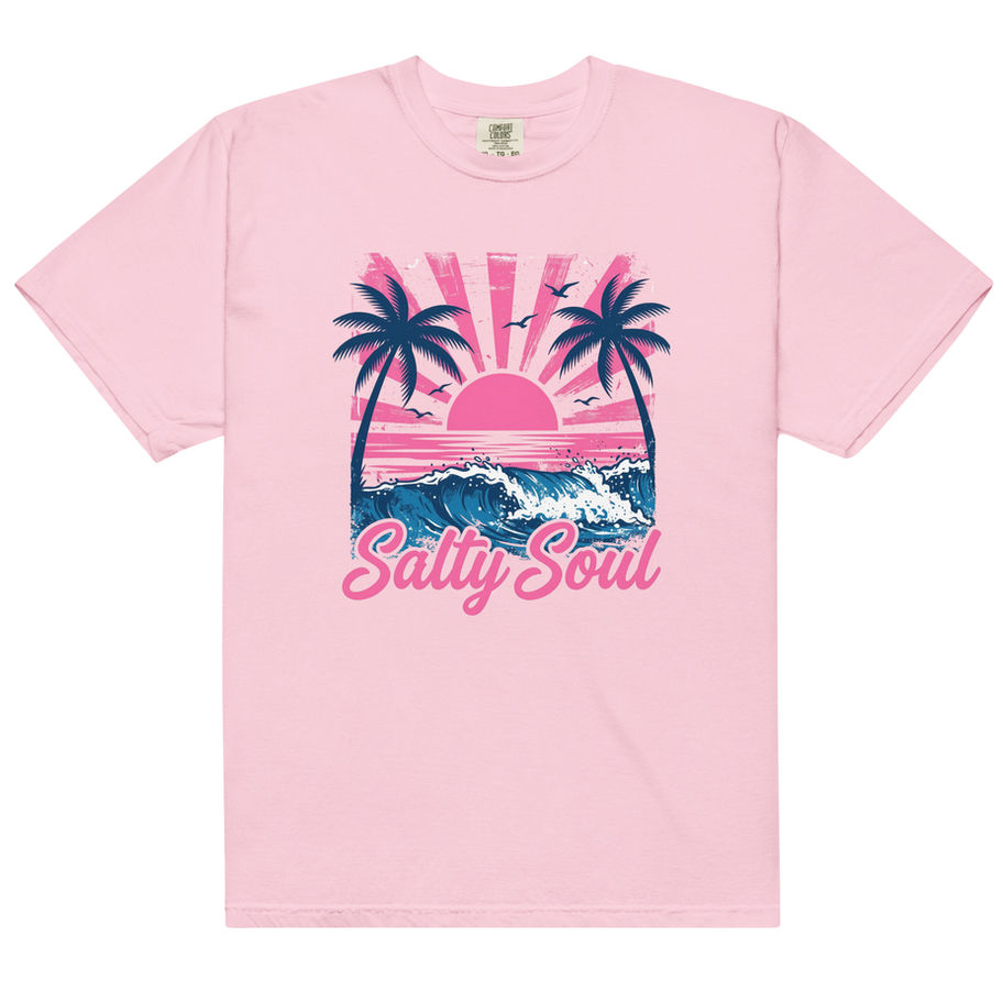 Salty soul graphic t-shirt with coastal beach inspired text design and relaxed summer ocean aesthetic.