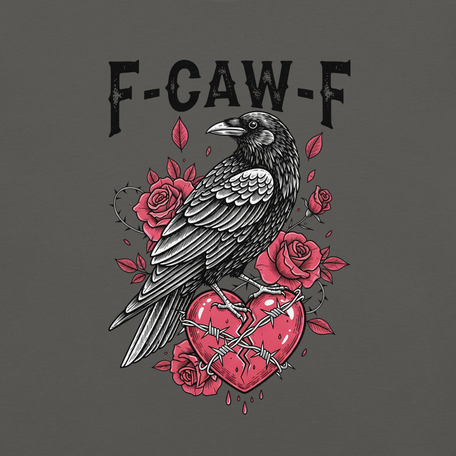 Crow graphic tee with roses and heart design on gray shirt