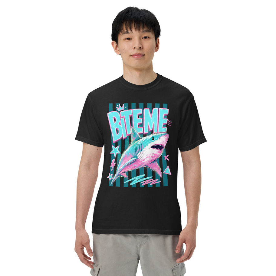 Retro Bite Me shark graphic t-shirt in vintage charcoal gray, featuring a colorful 90s aesthetic design with a pink shark and